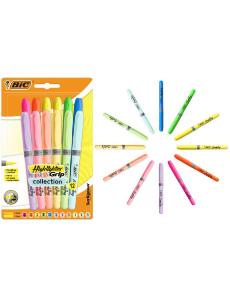 ZAKREŚLACZE BIC HIGHLIGHTER GRIP ŚCIĘTA KOŃCÓWKA BLISTER 12 KOLORÓW